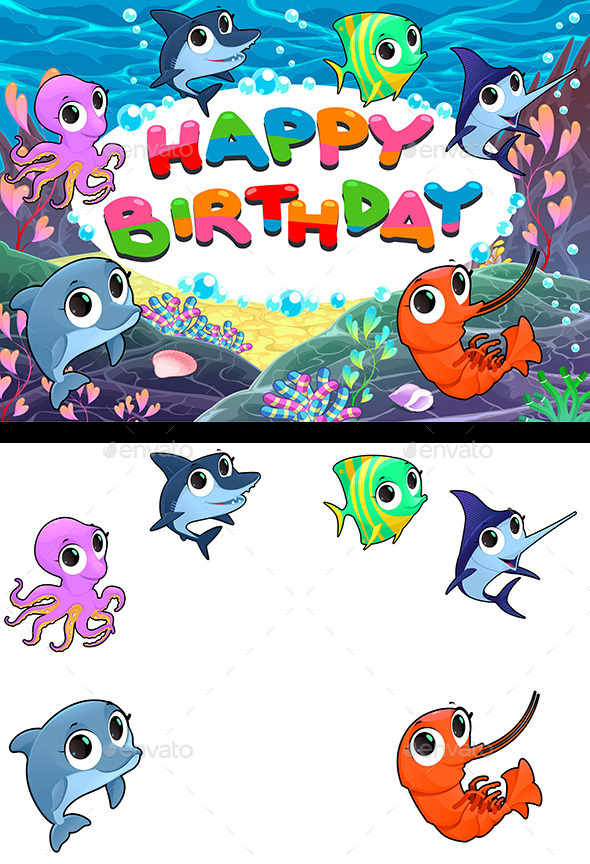 Happy Birthday Card with Marine Life. - Animals Characters