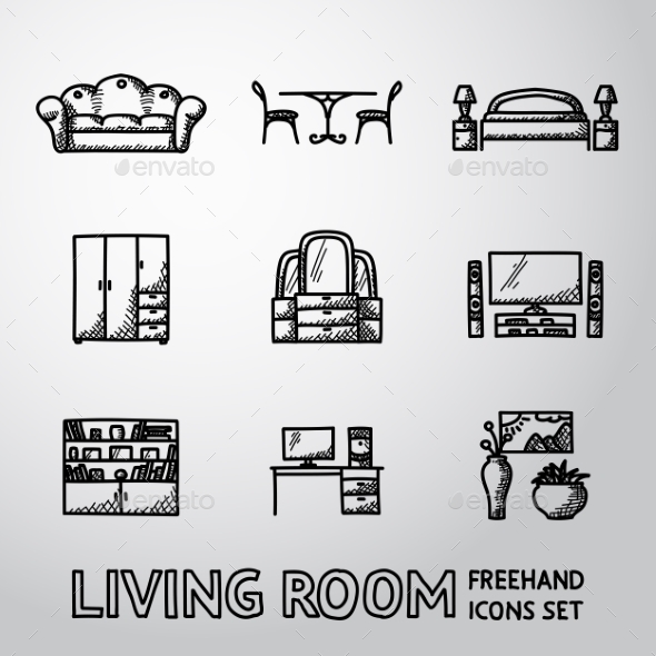 Set of Living Room Freehand Icons - Man-made Objects Objects