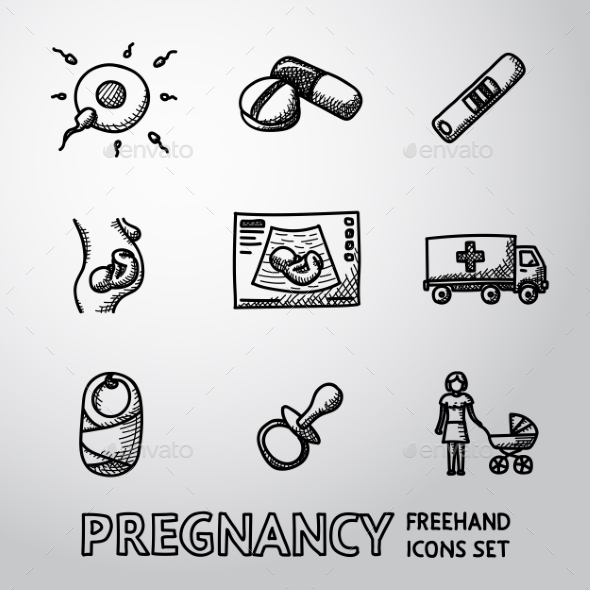 Set of Handdrawn Pregnancy Icons - Health/Medicine Conceptual