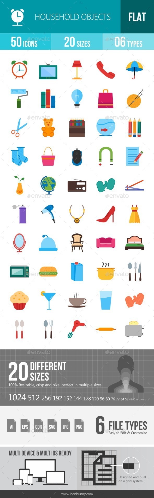 Household Objects Flat Multicolor Icons - Icons