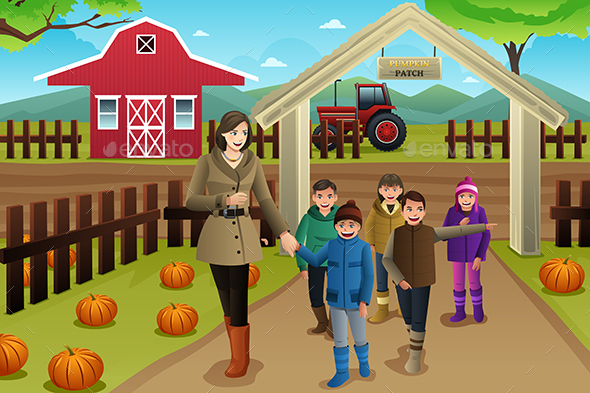 Teacher with Students on a Pumpkin Patch Trip - Seasons/Holidays Conceptual