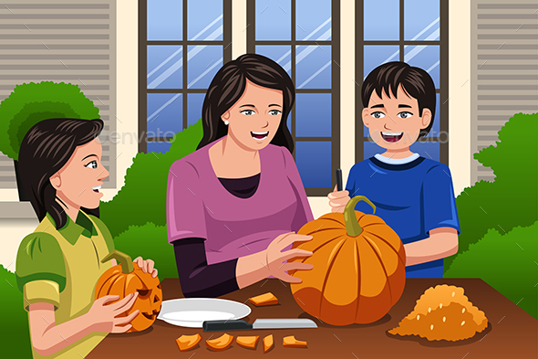 Mother Kids Carving Pumpkins - Halloween Seasons/Holidays