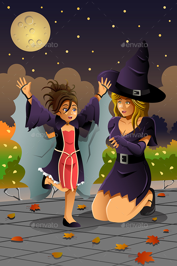 Mother Daughter Wearing Halloween Costumes - Halloween Seasons/Holidays