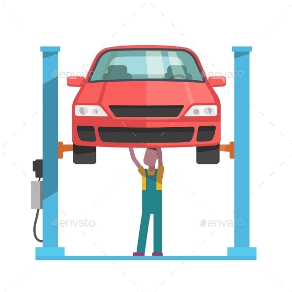 Mechanic Repairing a Car Lifted on Auto Hoist - Industries Business