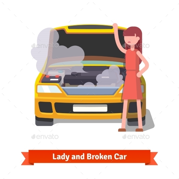 Woman Looking Under The Hood Of Her Broken Car - Objects Vectors