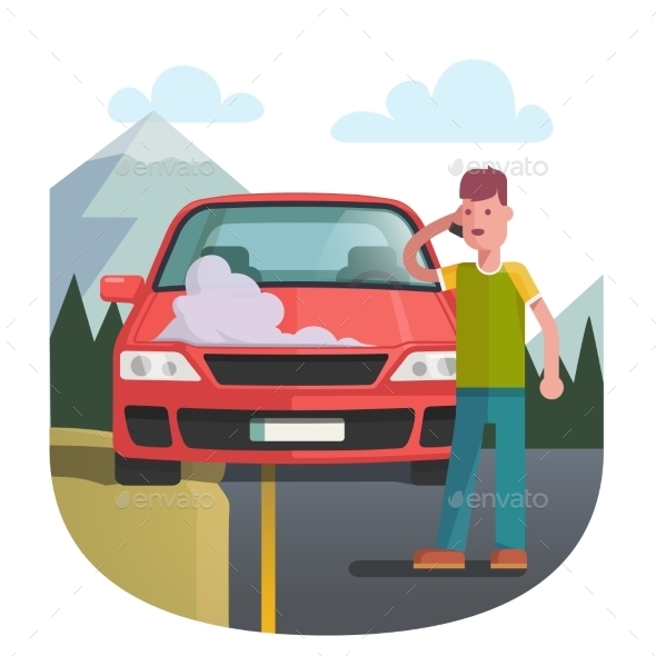 Man on a Roadside Standing Near Broken Car - Miscellaneous Vectors