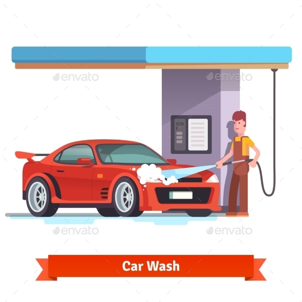 Car Wash Specialist Washing Red Sports Car - Conceptual Vectors