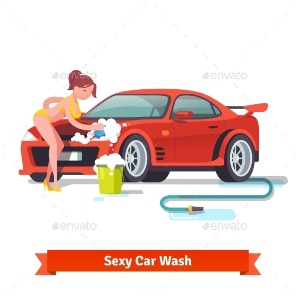 Woman In Swimsuit Washing Red Sports Car - People Characters