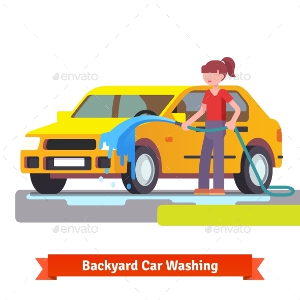 Woman Washing Her Family Car With Spraying Hose - Conceptual Vectors