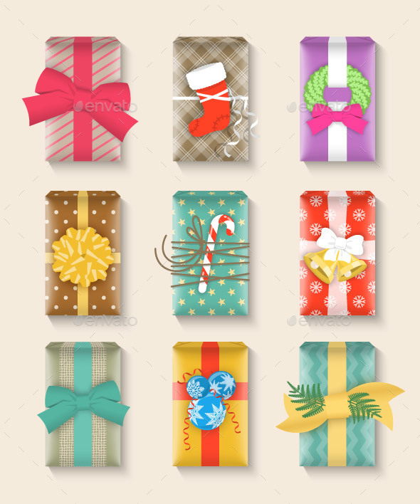 Christmas Gift Boxes Bright Colorful Set - Christmas Seasons/Holidays