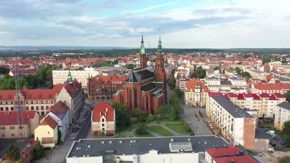 Legnica, Poland. Aerial panorama of city with cathedral