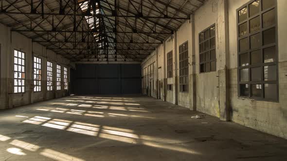 Empty Abandoned Plant Interior Sunset Lights Timelapse