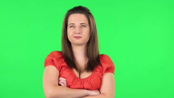 Portrait of Cute Girl Smirking Into Camera, Arrogant Female. Green Screen alt