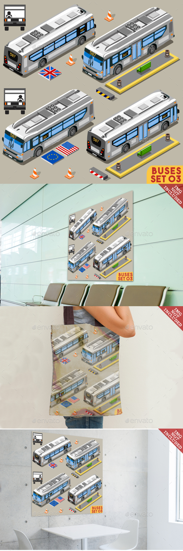 Bus Set Vehicle Isometric - Man-made Objects Objects