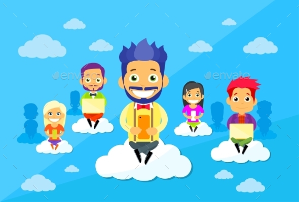 Man Woman People Group Sitting On Clouds Use - Computers Technology
