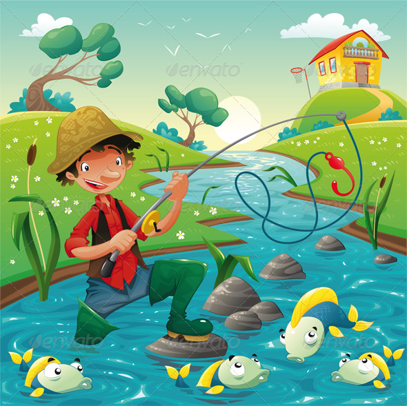 Cartoon scene with fisherman - Animals Characters