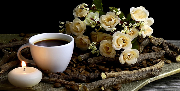 Coffee with Coffee Beans Candle and Flowers
