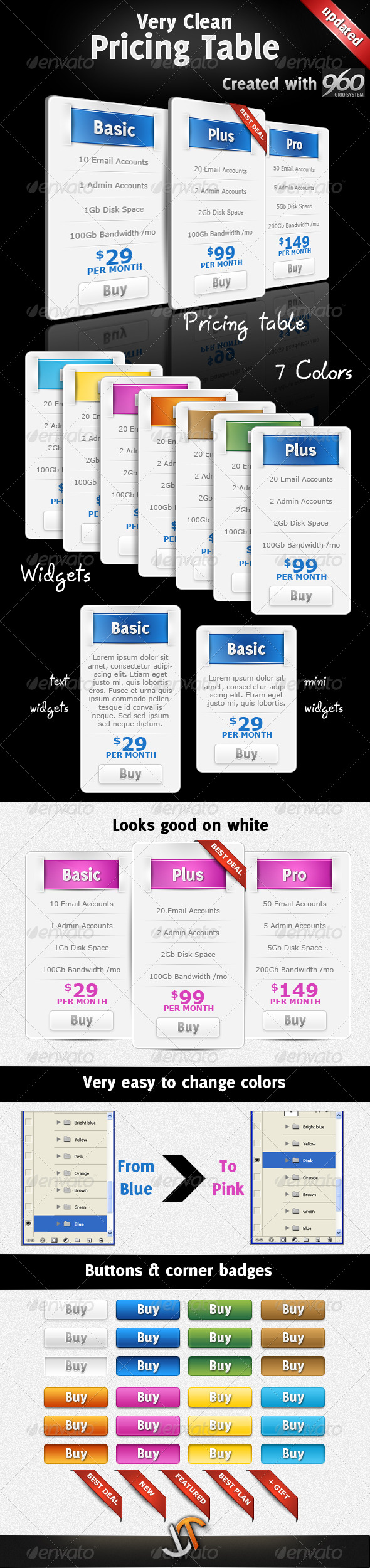 Very Clean Pricing Table with Widgets and 7 Colors