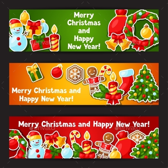 Merry Christmas And Happy New Year Sticker Banners - Christmas Seasons/Holidays