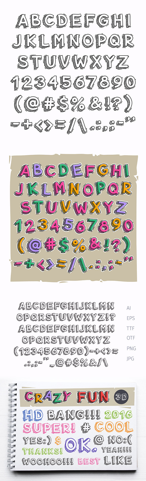 Hand Drawn 3D Letters and Numbers - Handwriting Fonts