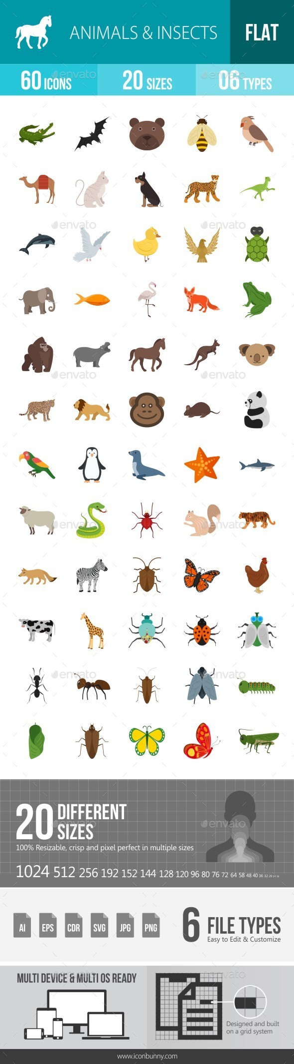 Animals & Insects Flat Multicolor Icons - Icons