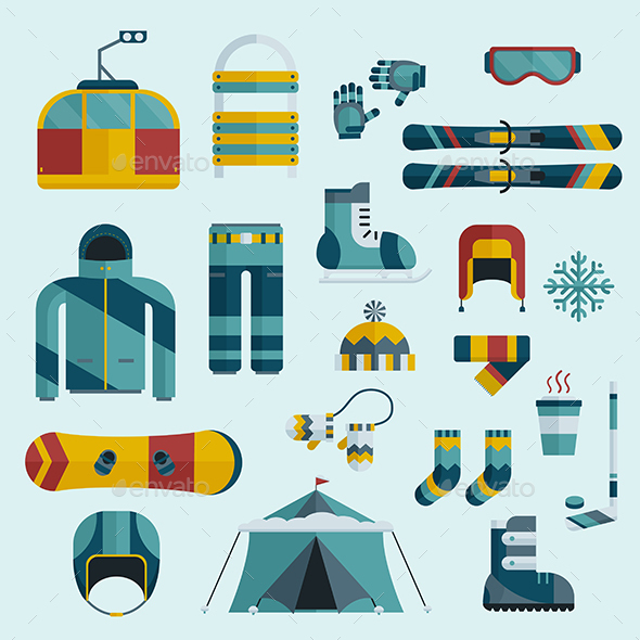 Winter Sports Gear Flat Icon Set - Sports/Activity Conceptual