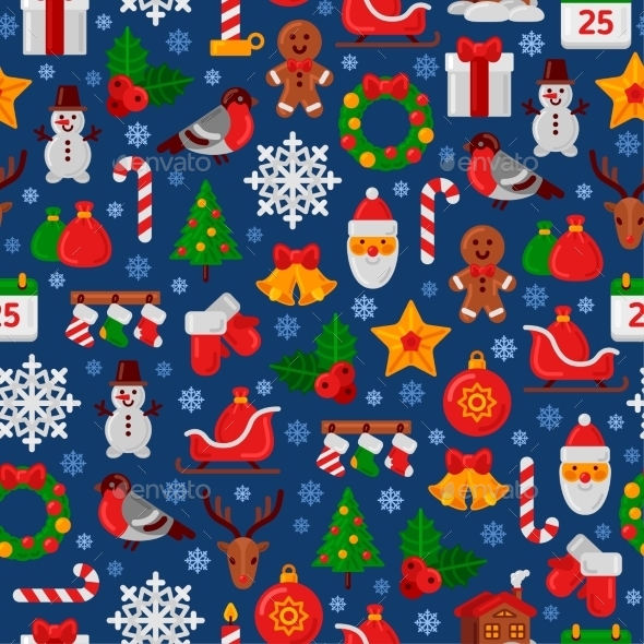 Seamless Pattern with Christmas Flat Icons - Christmas Seasons/Holidays