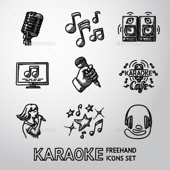 Set Of Karaoke Singing Freehand Icons - Microphone - Icons
