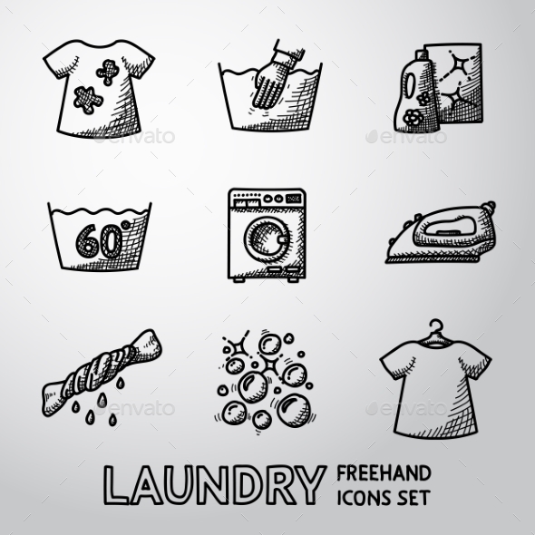 Set Of Freehand Laundry Icons With - Clean And - Icons