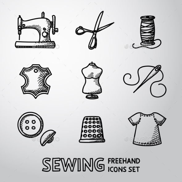 Set Of Handdrawn Sewing Icons - Machine, Scissors - Icons