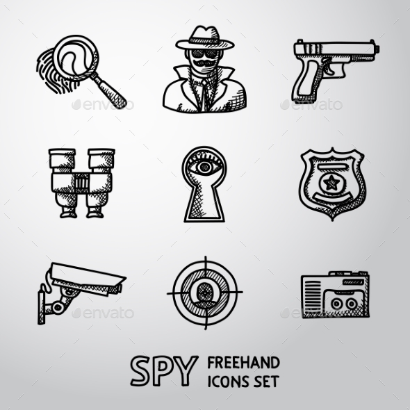 Set Of Spy Handdrawn Icons - Fingerprint, Spy, Gun - Icons
