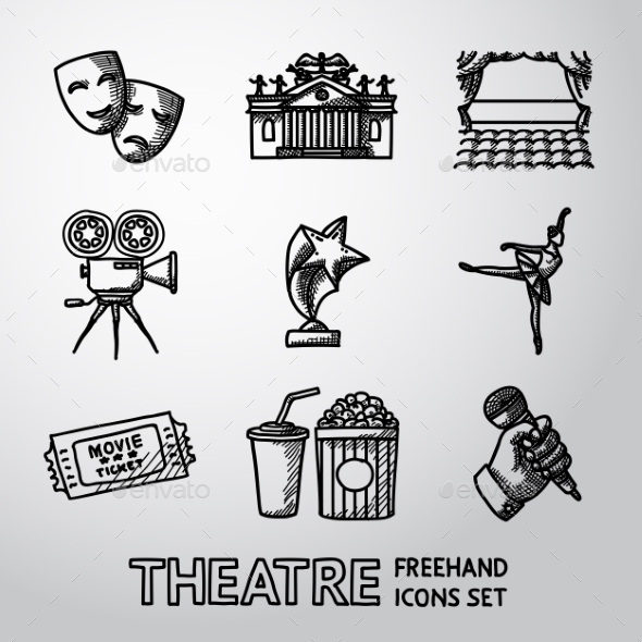 Set Of Freehand Theatre Icons - Masks, Theater - Icons