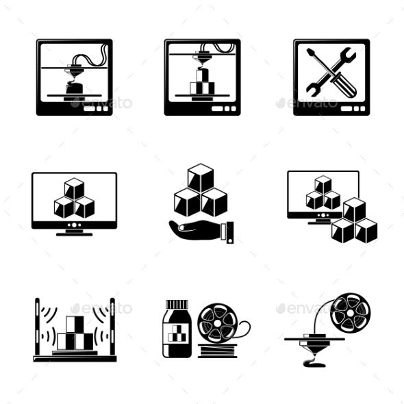 Set Of 3D Printing Icons - Printers, Pc With 3d - Icons