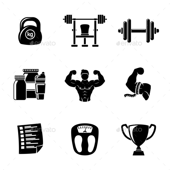 Set Of Bodybuilding Icons With - Dumbbell, Weight - Icons