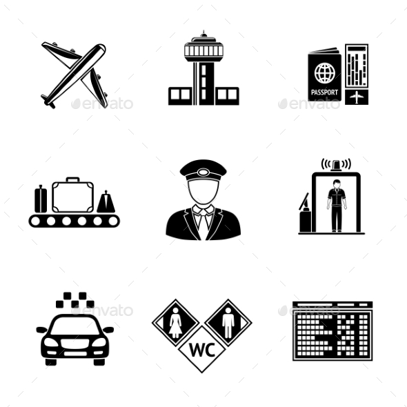 Set Of AIRPORT Icons - Airplane, Airport, Passport - Icons
