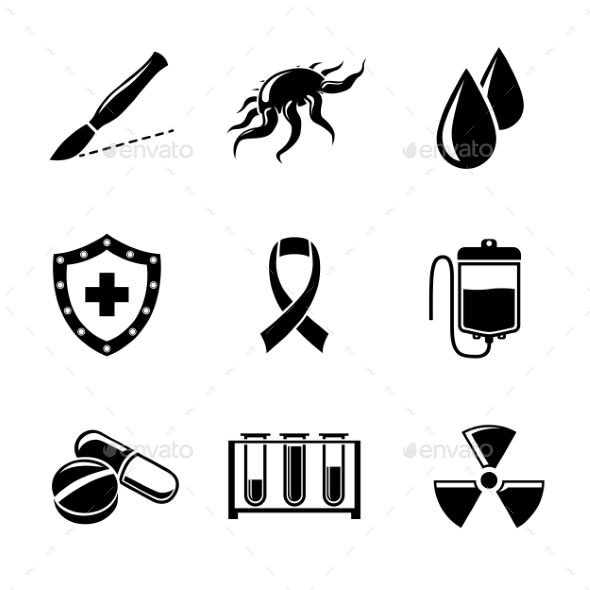 Set Of Cancer Icons With - Shield, Virus Cell - Icons
