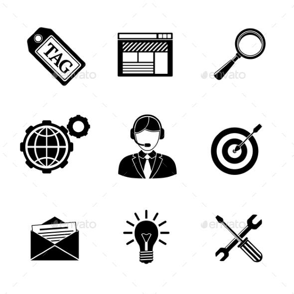 Set Of SEO Icons - Target With Arrow, Tag, World - Icons