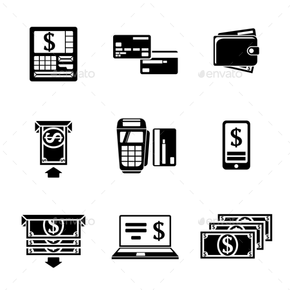 Set Of ATM Monochrome Icons With - ATM, Cards - Icons