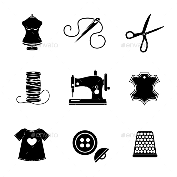 Set Of Sewing Icons - Machine, Scissors, Thread - Icons