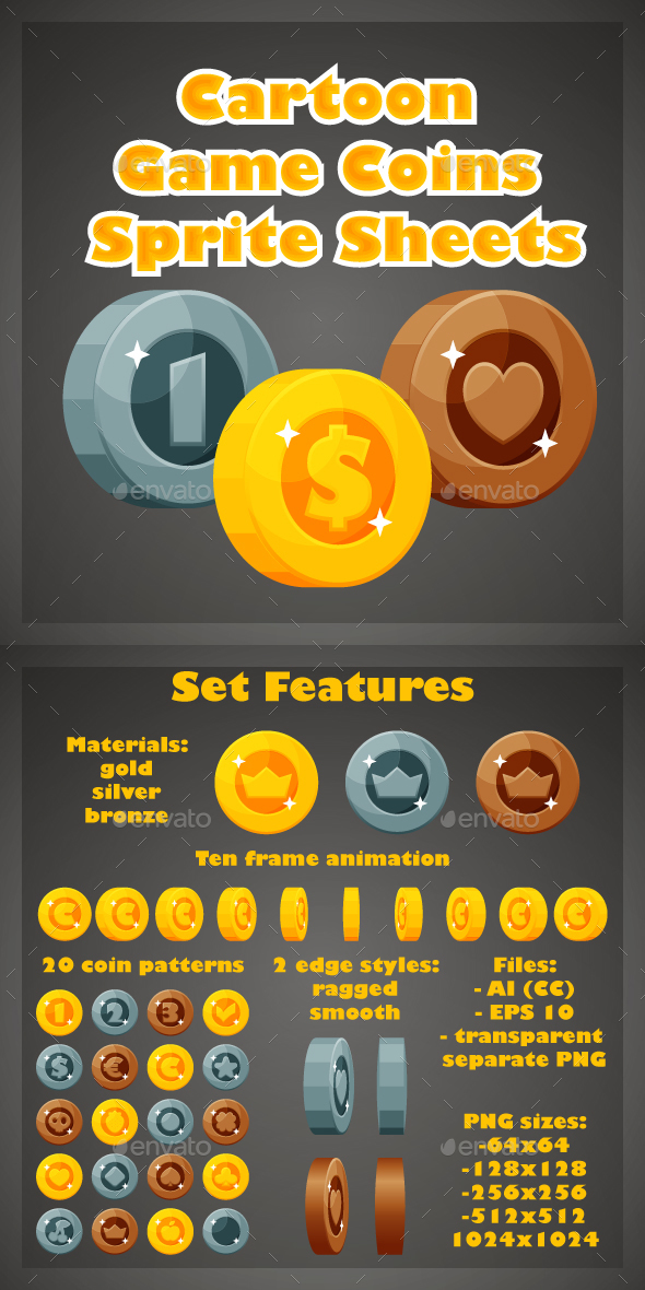 Cartoon Game Coins Sprite Sheets - Sprites Game Assets