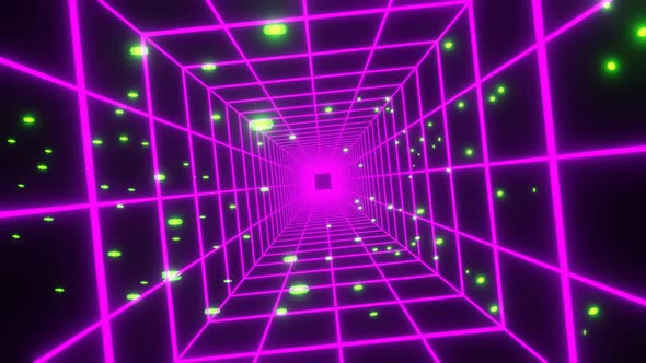 Rotating Square Tunnel of Intersecting Purple Lines and Falling Green Drop Particles