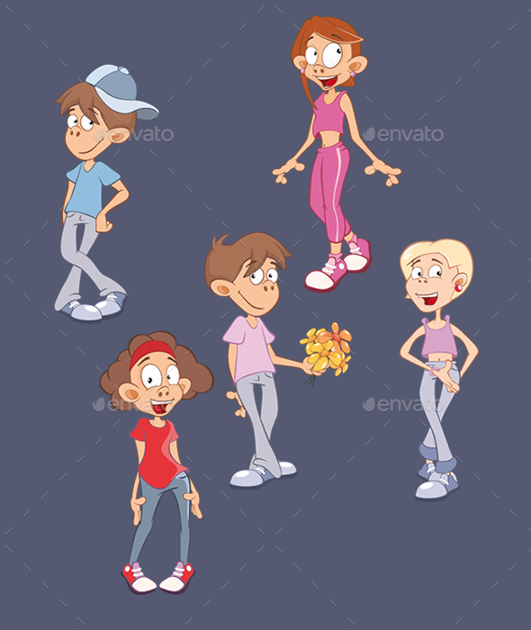 Set of Cute Cartoon Girls and Boys for you Design - People Characters