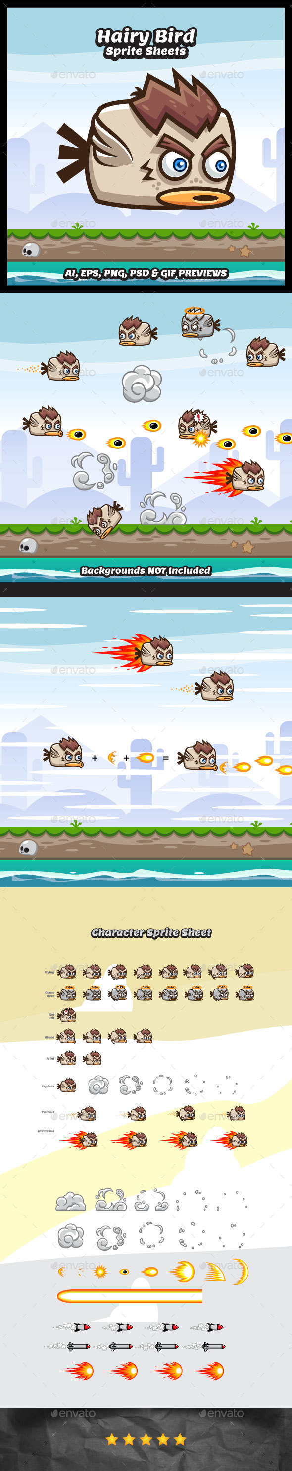 Flappy Hairy Bird Sprite Sheets - Sprites Game Assets
