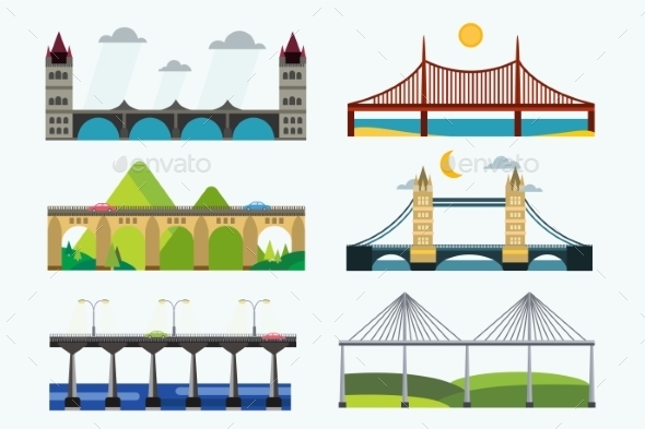 Bridge Silhouette Vector Illustration Set - Buildings Objects