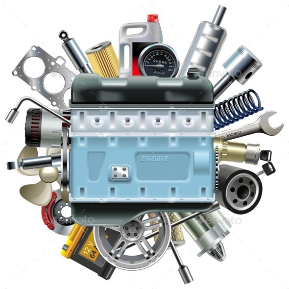 Vector Motor Engine with Car Spares - Industries Business