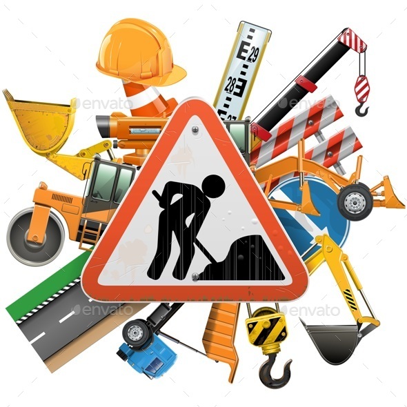 Vector Road Construction Concept with Sign - Industries Business