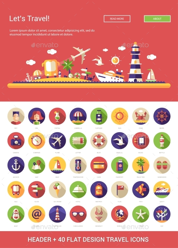 Header With Flat Design Travel, Vacation Icons Set - Travel Conceptual