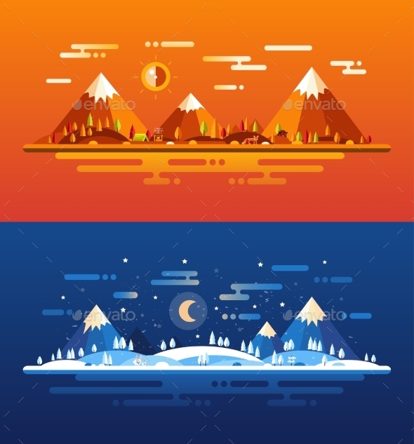 Set Of Modern Flat Design Conceptual Landscapes - Landscapes Nature