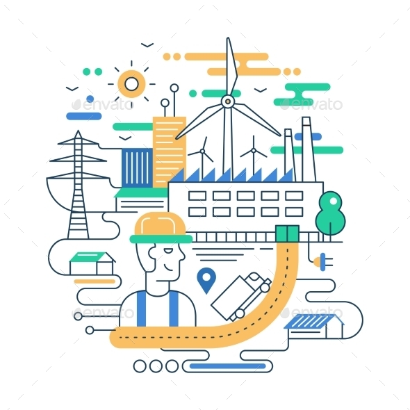 City Life Line Flat Design Illustration - Buildings Objects