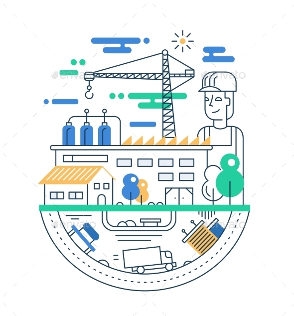 City Life Line Flat Design Illustration - Buildings Objects